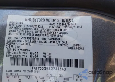 2003 Ford Taurus Ses z USA, uszkodzony, nr VIN 1FAFP55293G231543